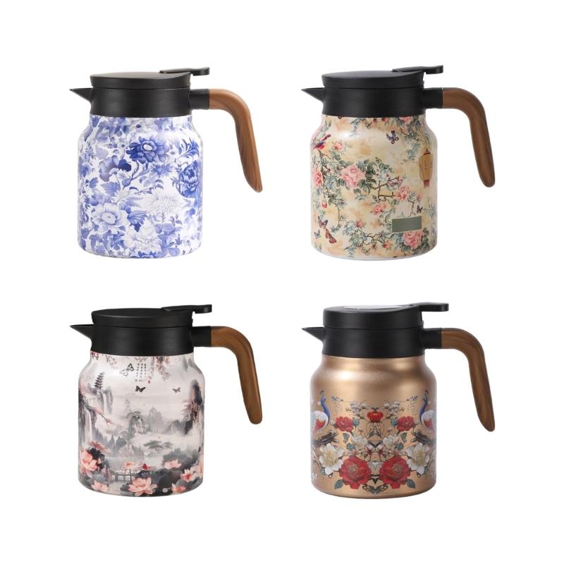 1000ml Retro Floral Nonrust Steel Teas Kettles With Wooden Handle And Filter For Hot Beverages