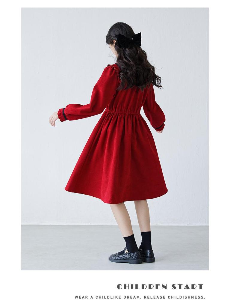 Girls' Red Ruffle Stand Collar Long Sleeve Waist-Hugging Dress for Autumn