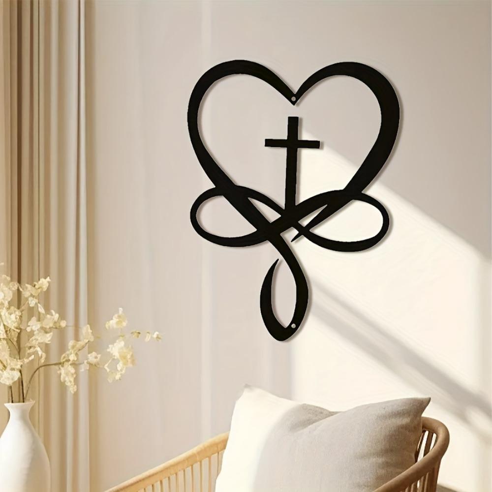 1pc Heart Cross Metal Wall Art Vintage Religious Sign Home Living Room Office Bar Cafe Decor Valentine Gift