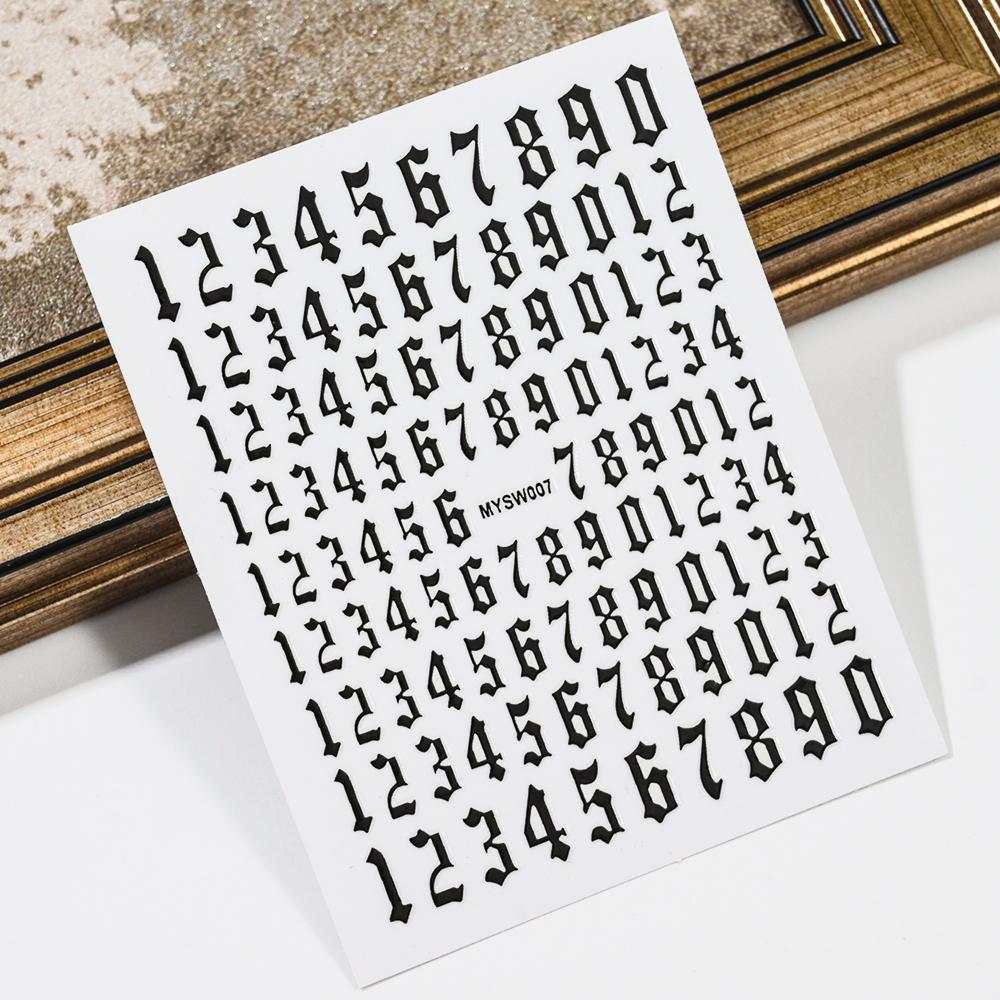 3D(0-9) Numbers Nail Sticker Black White Gold Silver Retro Numbers Nail Decals 8*10 Self-Adhesive Personalized Letter Nail Decor