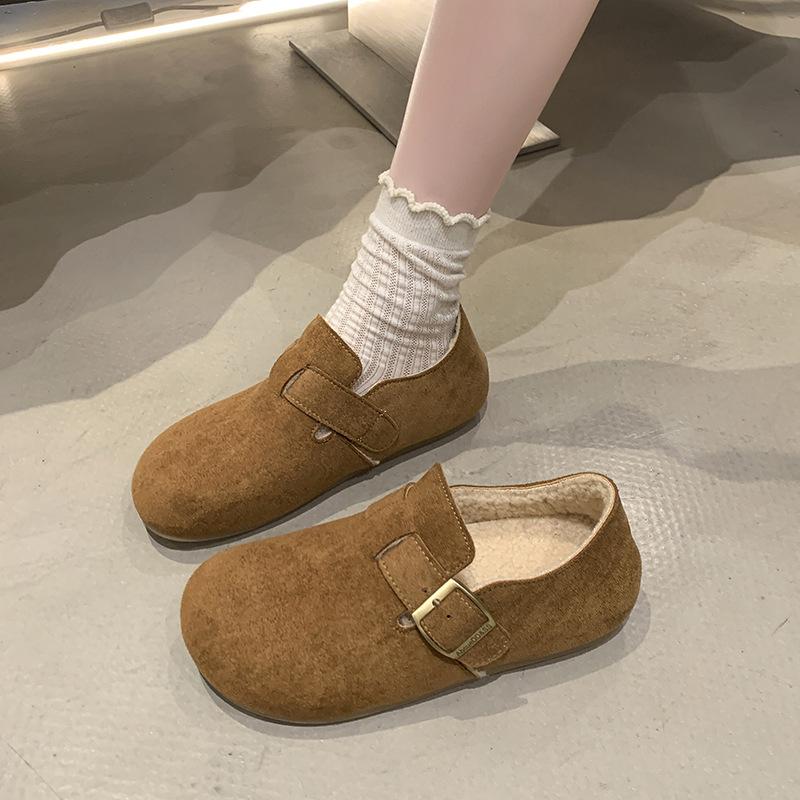 White Spotted Lamb Wool Shoes for Women's Outer Wear 2025 Winter Outer Wear New Velvet Flat Mary Jane Cotton Shoes