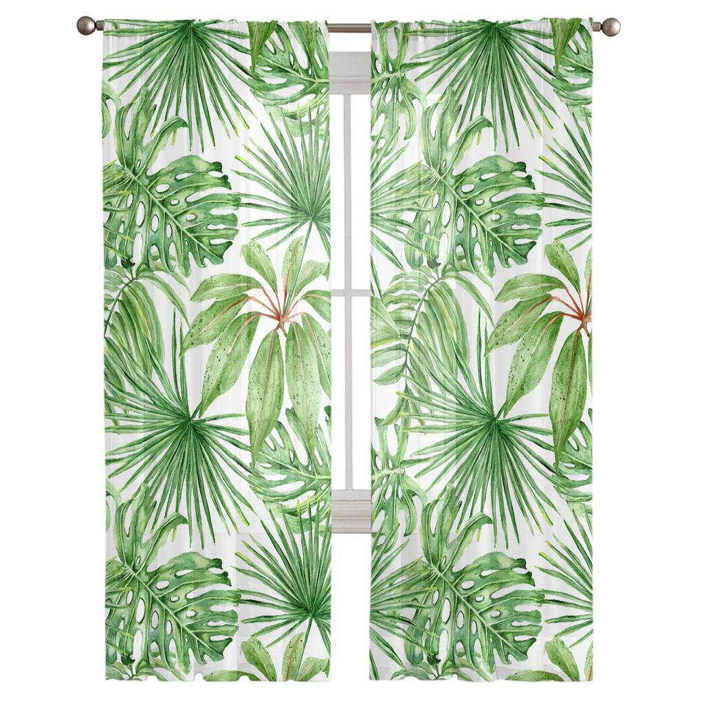 Green Flower Plant Leaves Window Treatment Tulle Modern Sheer Curtains for Kitchen Living Room the Bedroom Curtains Decoration