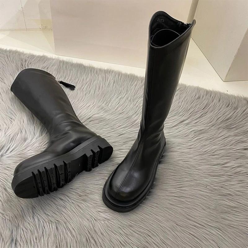 Fashion Solid Color Fleece-Lined Women's Long Boots Autumn Winter Comfortable and Elegant Trend 2025 Pu Hot Ladies Knee High Shaft Shoes