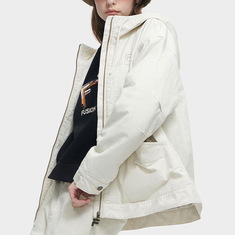 FILA Fusion Casual Loose Warm Workwear Hooded Cotton Jacket Women jackets Gray Wheat T11W413904F-BG