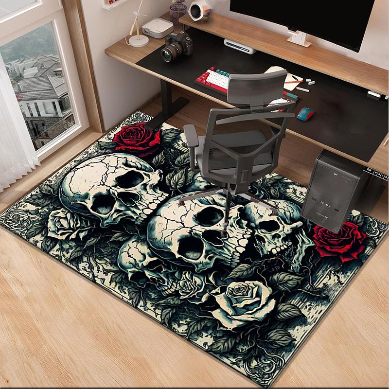 Skulls And Roses Artwork Office Rug Chair Mat, Entryway Carpet, Suitable for Front Door, Bedroom, Living Room, Desk, Holiday Gift