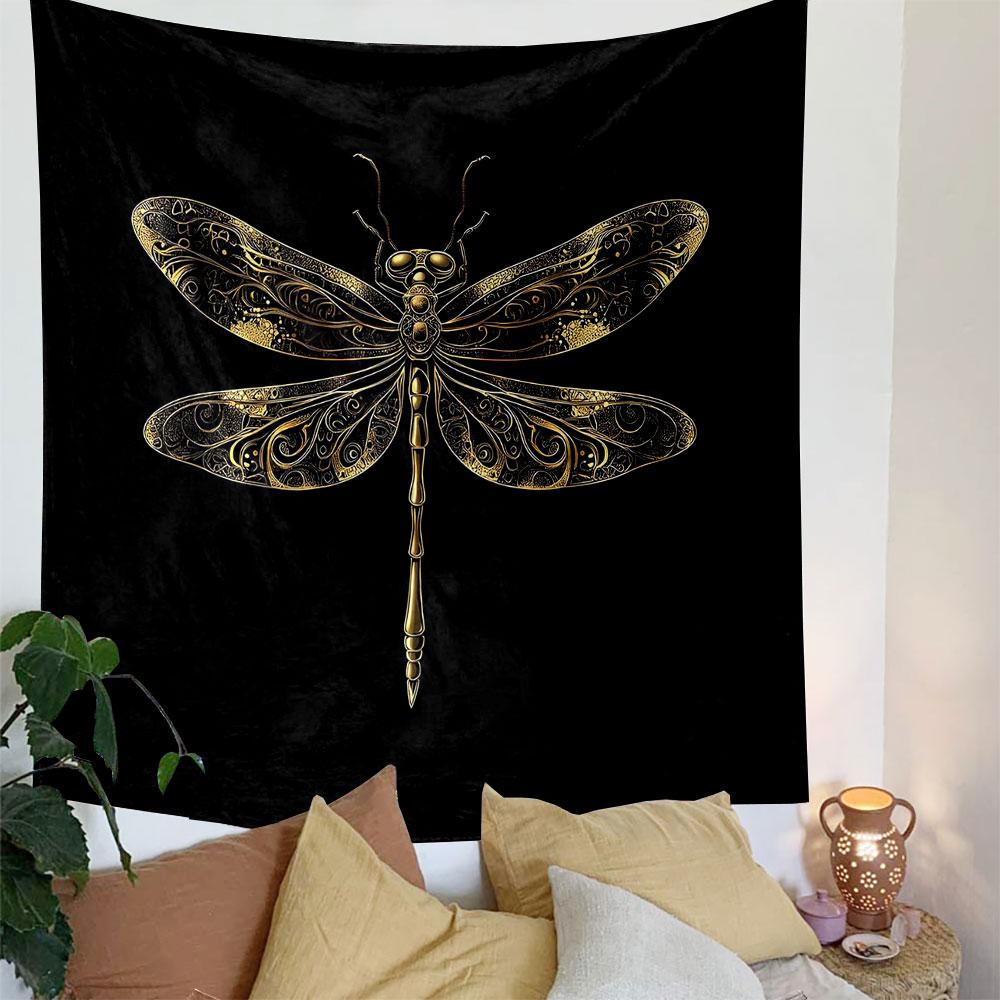 Golden Ornate Dragonfly Design Patterned Tapestry Decorative Wall Hanging, Home Bedroom Living Room Decor