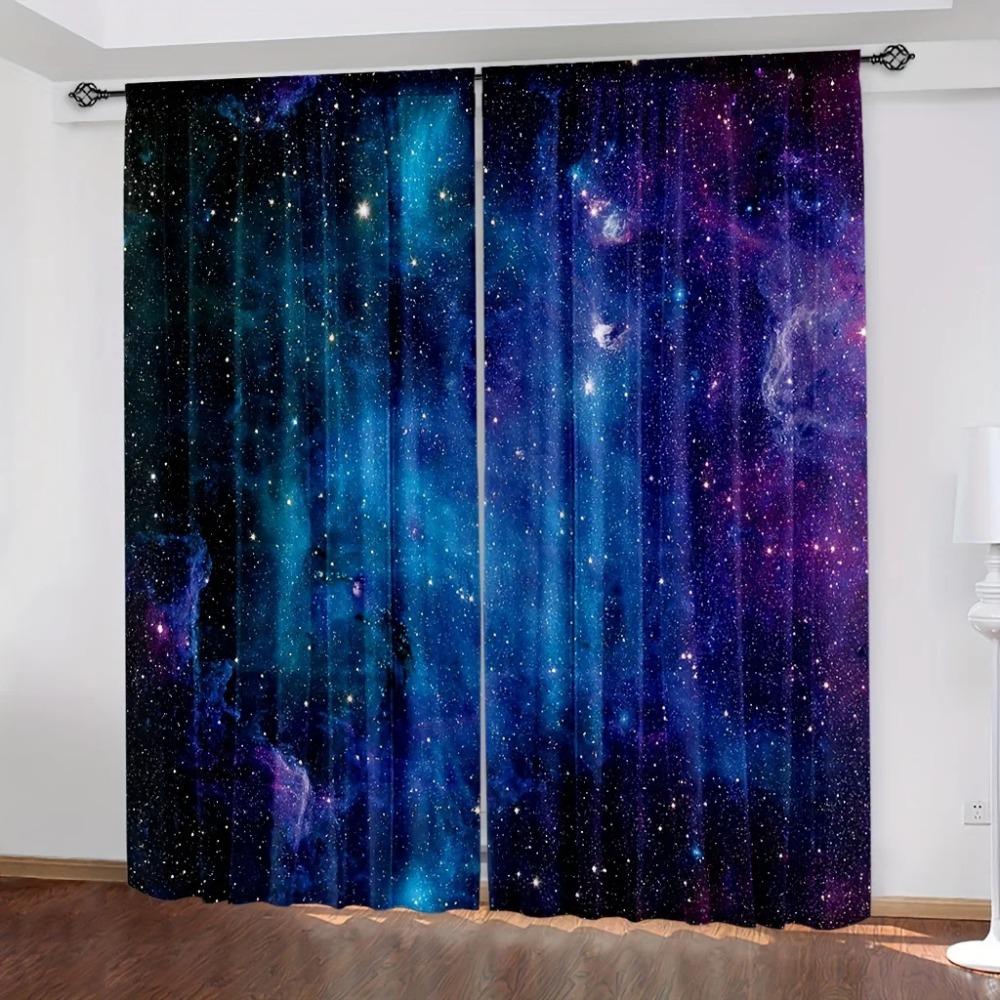 Galaxy Shining Stars Drapes Rod Pocket Outer Space Starry Sky Star Printed Drapes Window Drapes For Living Area Kitchen