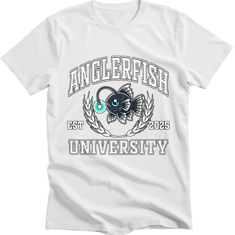 Fashion Summer Man Tshirt Anglerfish University Est 2025 Fish Emblem Short Sleeve Relaxed Fit Round Neck Tshirt Teeshirt Male
