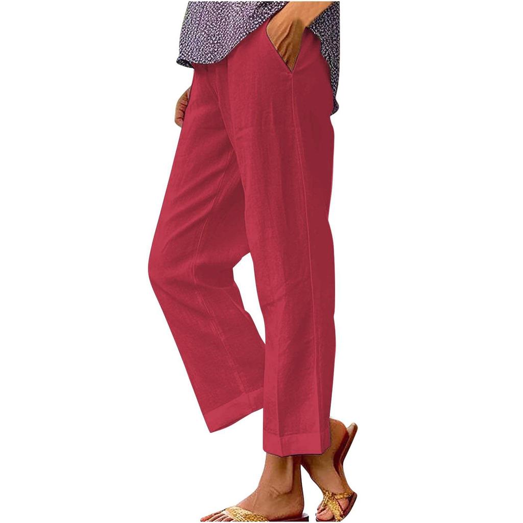 2024 Women's Spring/Summer Solid Color Cotton Linen Elastic Waist Wide-Leg Casual Pants