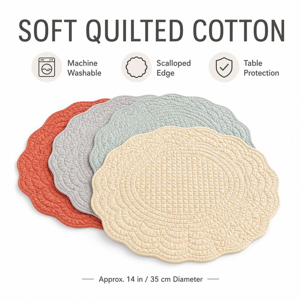 Scalloped Edge Quilted Placemats Washable Dining Placemats Gifts Round Placemats  Table Mats