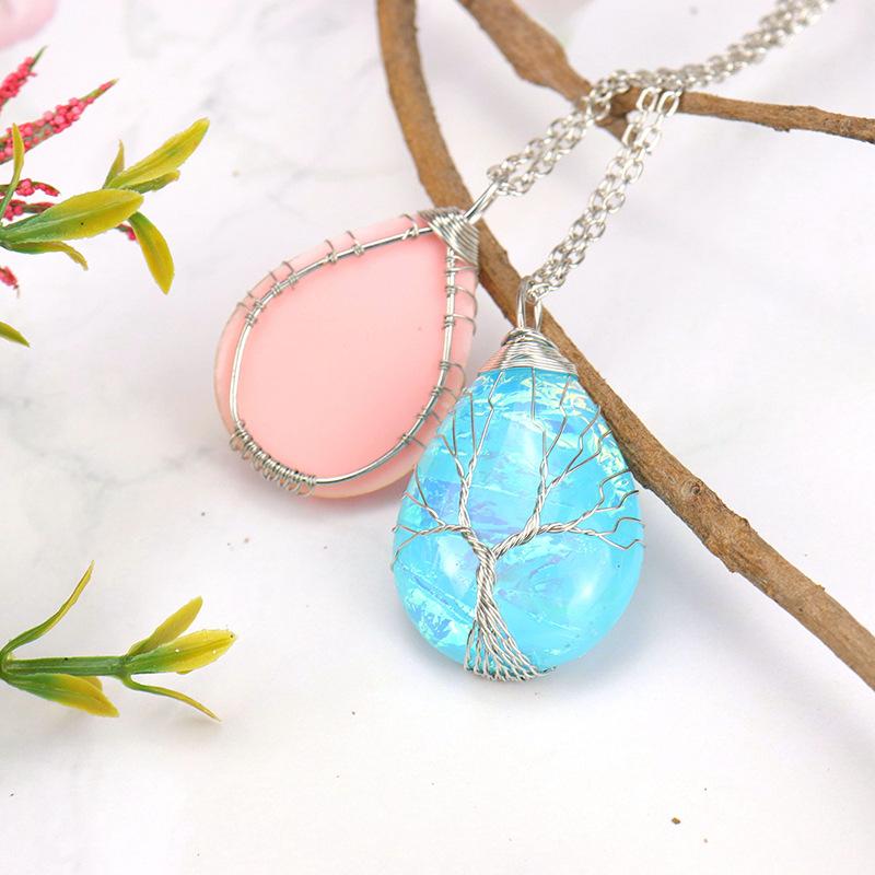 Handmade Copper Wire Winding Water Drop Tree Of Life Color Changing Corrugated Resin Necklace N516