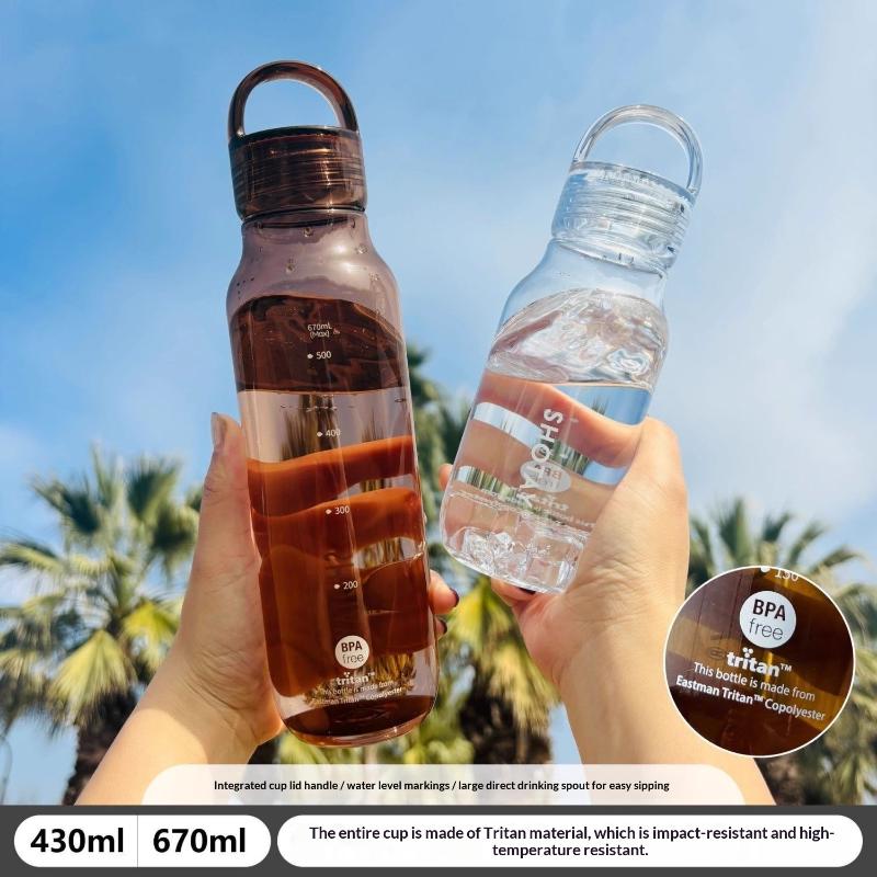 Transparent Leakproof Water Bottle 430Ml/670Ml Plastic Drink Bottle With Handle Wide Mouth Portable Drinking Bottle With Scale