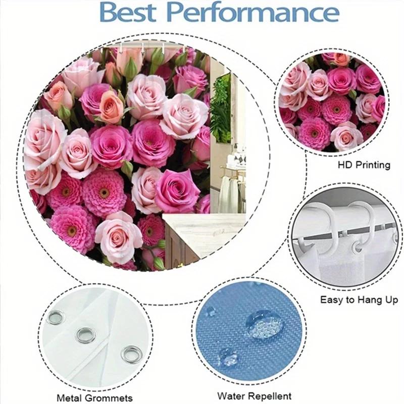 1Pc Pink Rose & Carnation Shower Curtain - Green Leaves, Polyester, 12 Hooks, Detailed Floral Design, Elegant Bathroom Decor