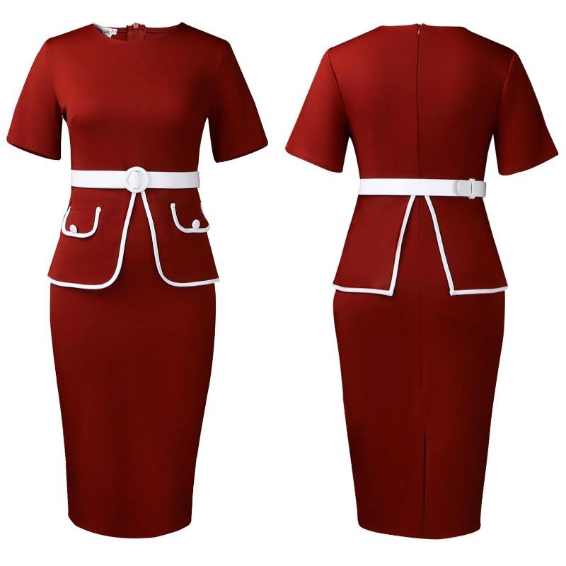 Women Plus Size Elegant High Waist Bodycon Short Sleeve Office Midi Pencil Dress