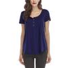 Women Multicolor V Neck Button Decor Short Sleeve Pleated Loose Tunic Blouse