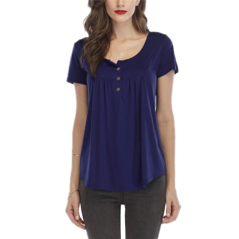 Women Multicolor V Neck Button Decor Short Sleeve Pleated Loose Tunic Blouse
