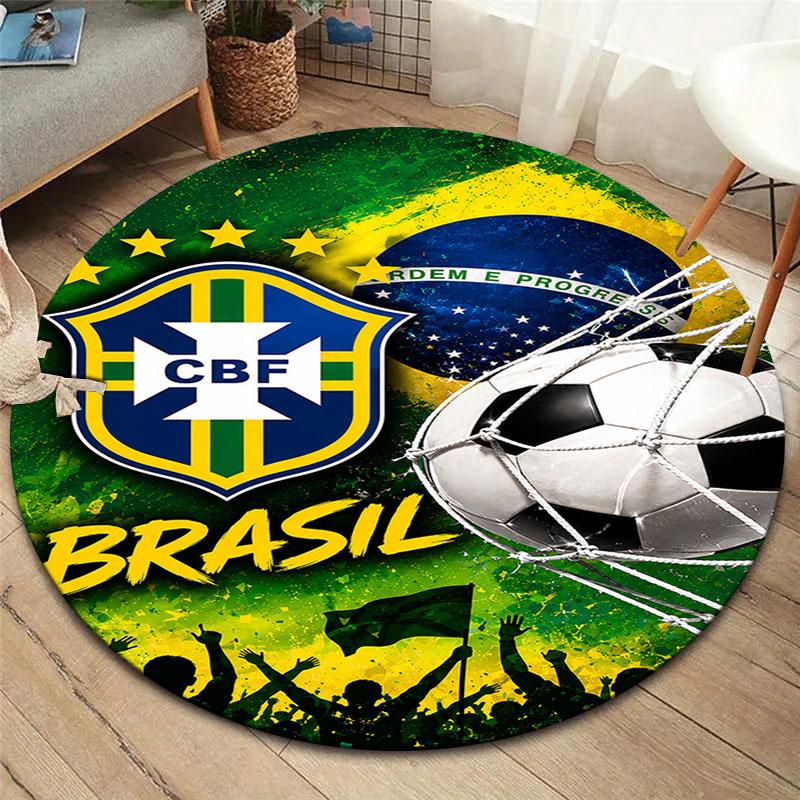 Brazil National Football Team Round Area Rug,Carpet Rug for Living Room Bedroom Sofa Playroom Decor,Non-slip Floor Mat