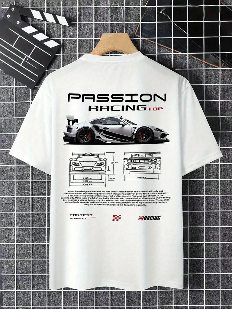 Herren Passion Racing Grafik T-Shirt Weiß Lässig Kurzarm Rundhals mit Vorder- und Rückseite Auto Design Leicht Atmungsaktiv