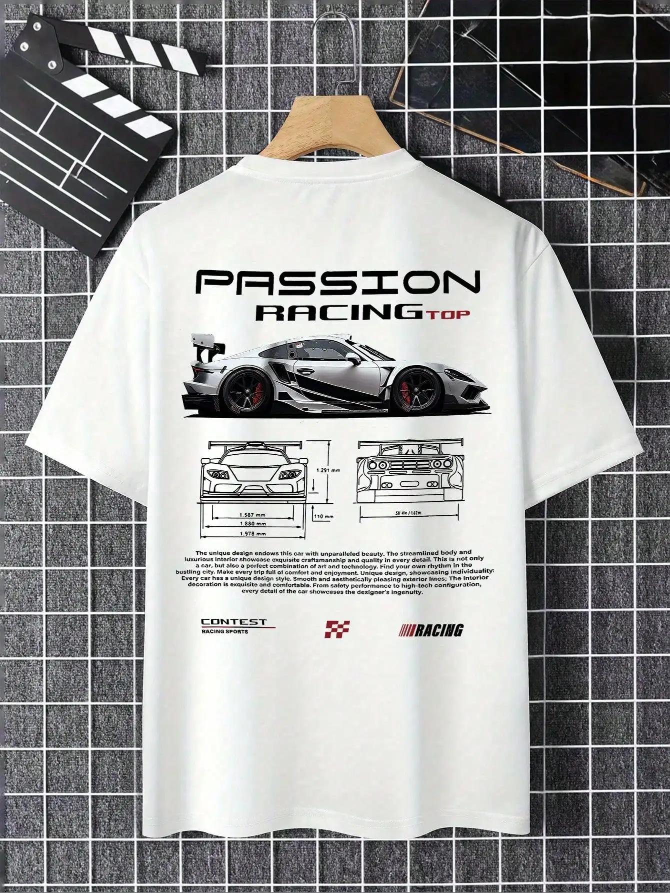 

Mens Passion Racing Graphic TShirt White Casual Short Sleeve Crewneck With Front Rear Car Design Lightweight Breathable 3XL