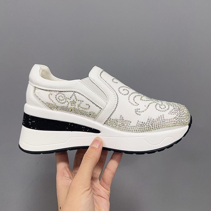 Summer new casual and comfortable versatile loafers thick-soled non-slip mesh breathable rhinestone shoes inner height-increasing women's shoes