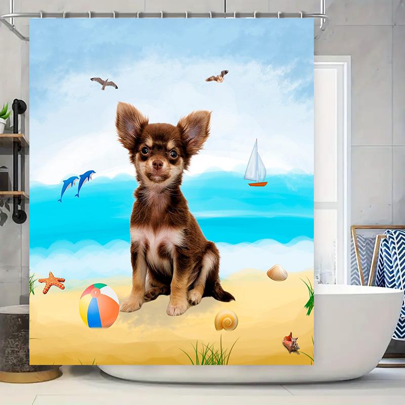 Beach-themed Shower Curtain: Adorable Chihuahua Print in Multicolor Perfect for Bathroom Decor Easy Installation Quick Dry Fabri 90x180cm