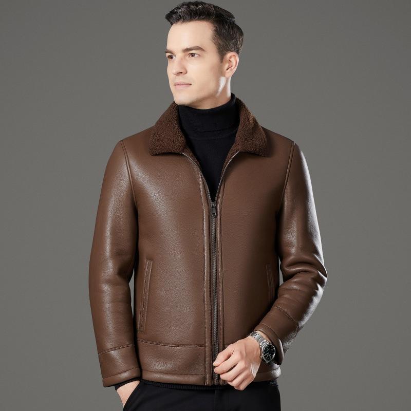 Мужская зимняя новая меховая цельная короткая кожаная куртка для папы среднего возраста с лацканами из овчины 195