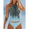 23-Year Coconut Tree Print Halter Neck Tie-Up Tummy Control Plus Size Women's Bikini