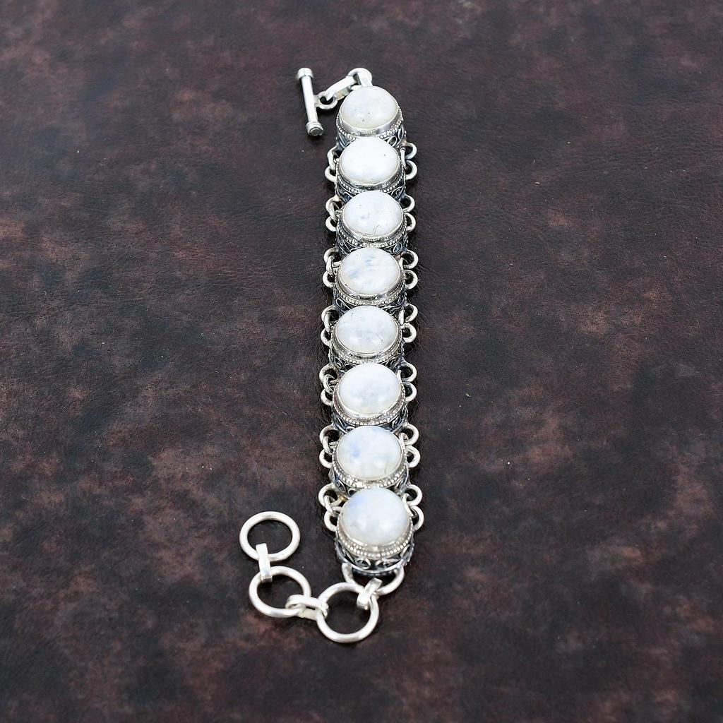 Rainbow Moonstone Bracelet 925 Sterling Silver Bracelet Adjustable Chain Bracelet Handmade Gemstone Jewelry Gift For Mother Vintage Bracelet