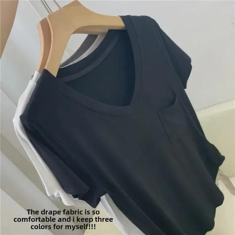 Drapey V-Neck Short Sleeve Women's T-Shirt - 2024 Summer Korean Style Trend