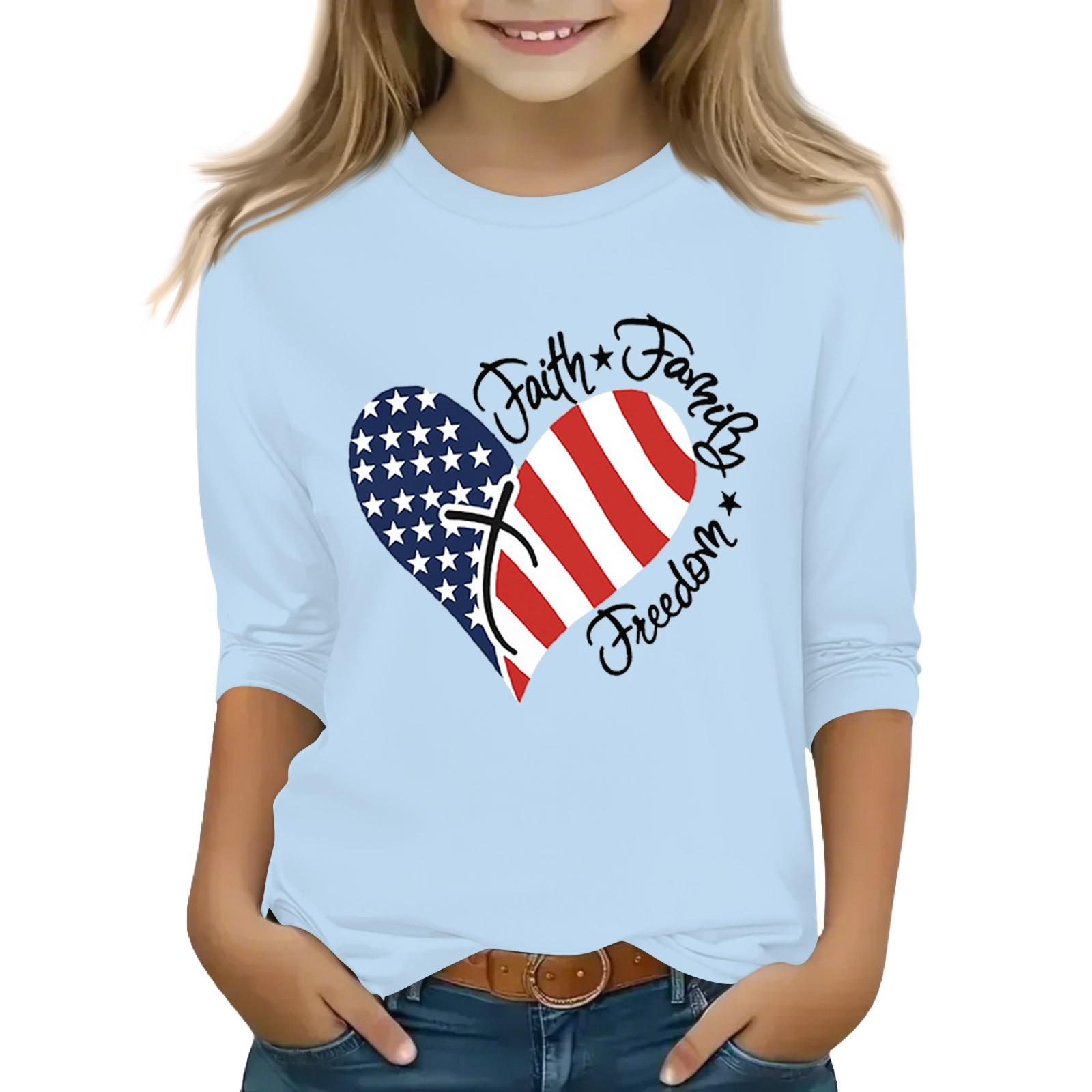 

Print Tops For Youth Girls Round Neck 3/4 Sleeves T-Shirts Trendy Tops Outfit Tees 140