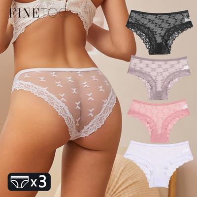 3PCS Women's Lace Panties Sexy Perspective Underwear Briefs Female Solid Color Hollow Out Lingerie Floral Intimates S-XL