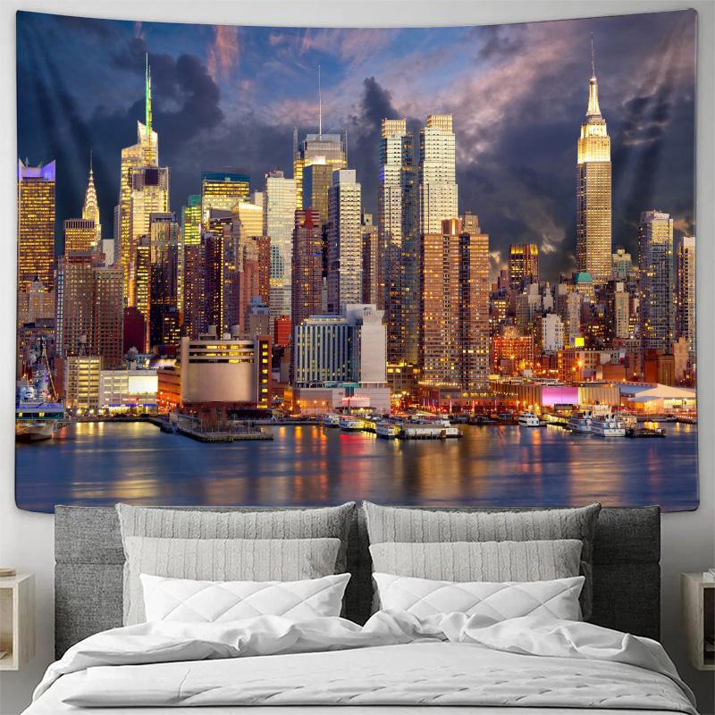 Urban Night View Hanging Cloth  Modern City Skyline Decorative Hanging Painting