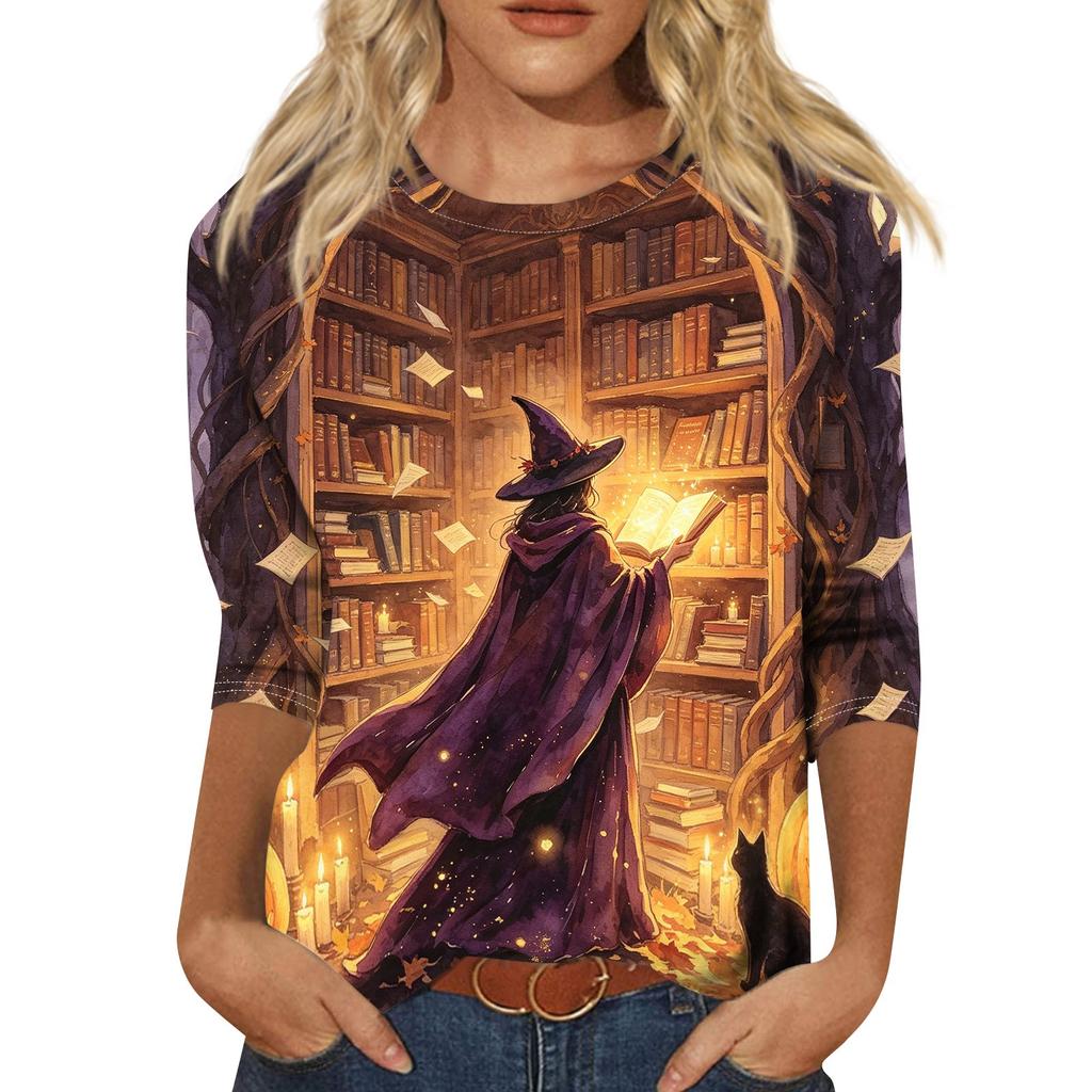 Women's Fashion Casual Halloween Print 3/4 Sleeve T-Shirt with Round Neck