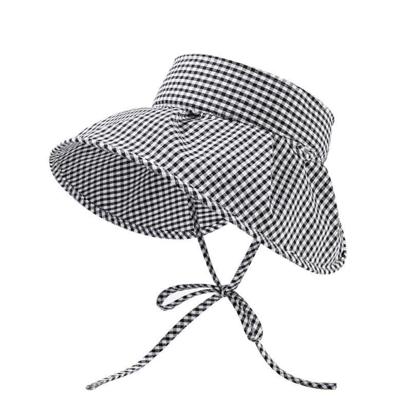 Butterfly knot checkered fisherman hat for women in summer Han Xiaoqing s new travel sun hat large brim sun protection basin hat