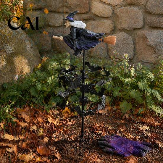 Halloween Outdoor Path Decor Witch Garden Wind Spinner, Resin Statue Stake, Spooky Bats Whimsical And Spinner for Yard Art Lawn Pathway Metal Catchers