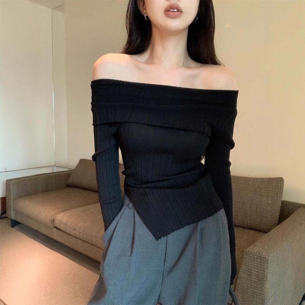 2024 French One-Shoulder Slit Knit Sweater: Women's Spring Irregular Slim-Fit Long Sleeve Top