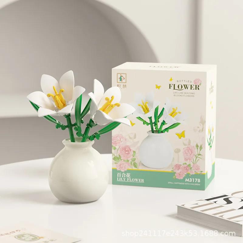 Building Block Pot Plant Bouquet of Flowers, Roses, Lily Building Blocks, Toys with Flower Pots, Cute Living Room Ornaments Gift