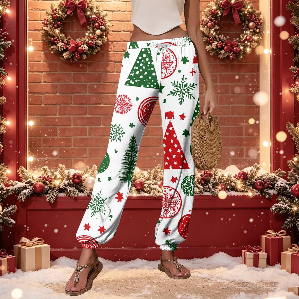 Dames Kerst Print Casual Joggingbroek met Elastische Tailleband en Manchetten