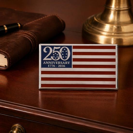 250th Anniversary Flag Metal Emblem Patriotic Red Blue White Auto Badge 1776-2026 America
