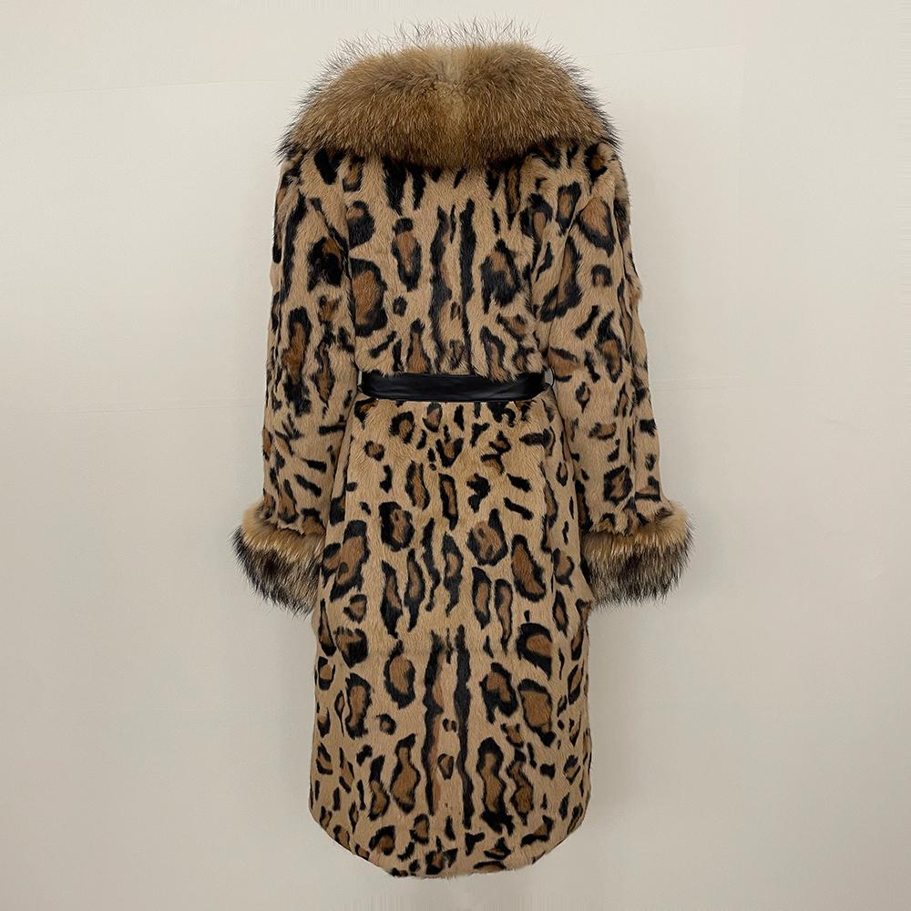 OFTBUY 2024 Winter Real Rabbit Fur Leopard Print Women Coat  Long Raccoon Fur Collar Coat Fur One-piece Thickened Warm Overcoats