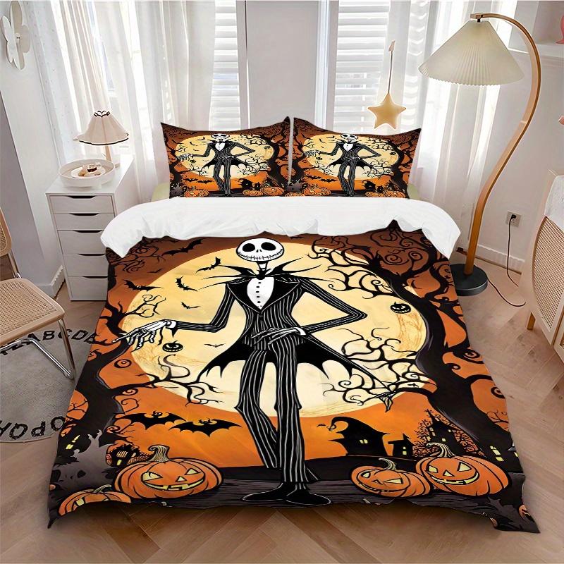 3pcs Halloween Jack Skellington Bedding Set, Includes Quilt Cover and Pillowcases, Suitable for All Seasons, Machine Washable, Ideal Gift Fo