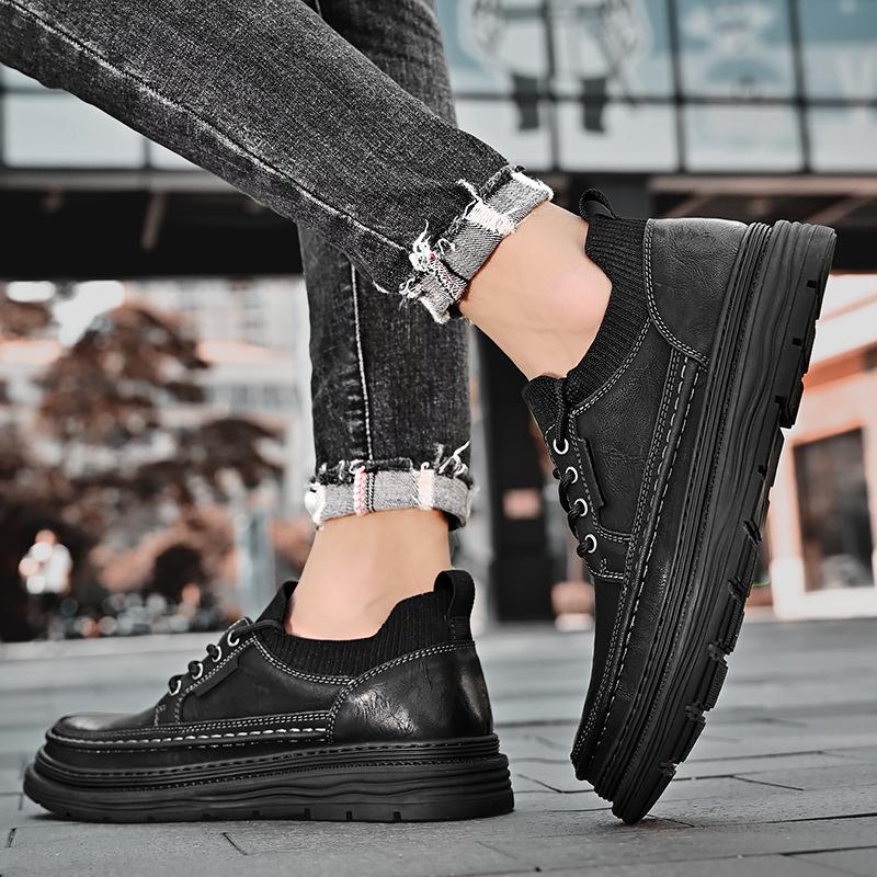 Leather shoes men's 2025 autumn new leather casual men's shoes soft-soled lace-up socks versatile British style block shoes