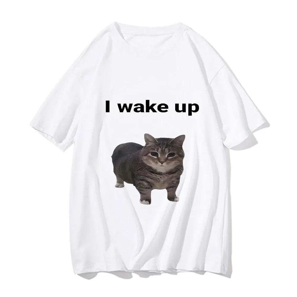 100% Cotton Cute Cat L Wake Up T Shirts Funny Cool Classic Men/Women Clothes Harajuku Aesthetic Tshirt Vintage Unisex Streetwear Tees