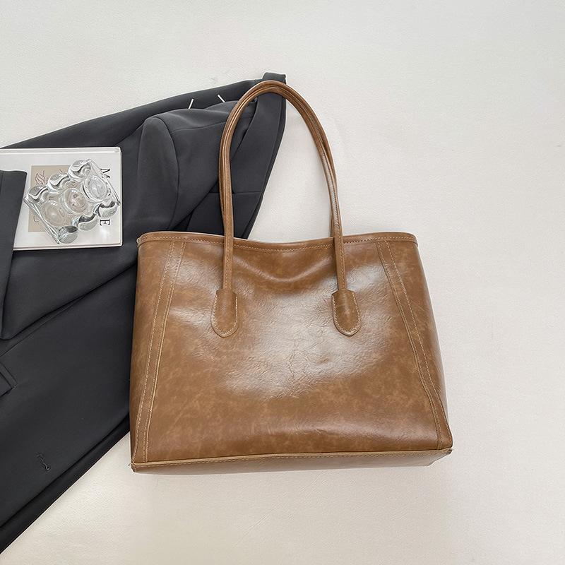 Vintage Large Capacity Faux Leather Tote Bag for Women, Chic Korean Style Commuter Shoulder Handbag, Soft Texture Fashion Work Bag