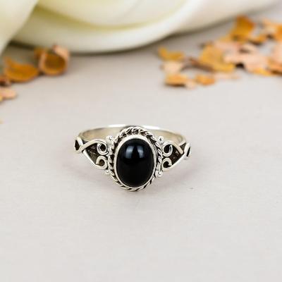 925 Sterling Silber Schwarzer Onyx Edelstein Ovaler Form Ring Für Damen