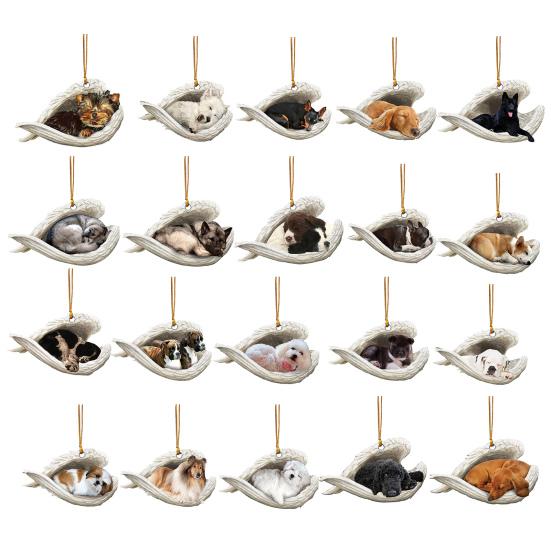 Dog Sleeping In Angel Wings Ornament 2D Flat Car Rear View Mirror Hanging Charm Pet Memorial Keepsake for Christmas Tree Car Interior Accessories