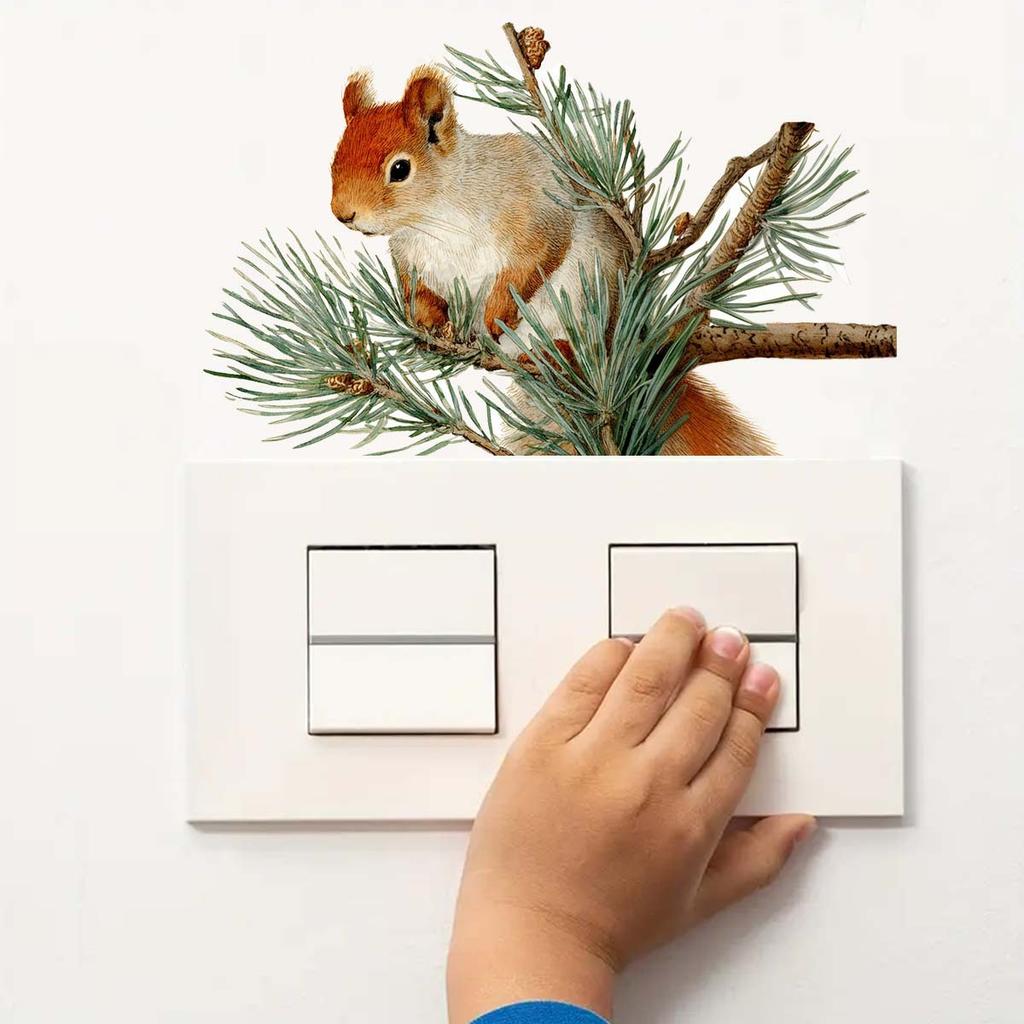 Realistic Squirrel On Pine Branch Self-adhesive Switch Decorative Sticker Removable, Waterproof, Household Beautification Sticker