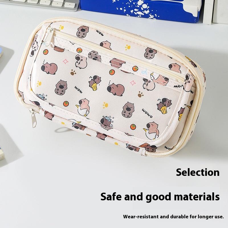 1Pcs Large Capacity School Stationery Storage Bag Pencil Box Kapibara Cartoon Pencil Case With Flip Top