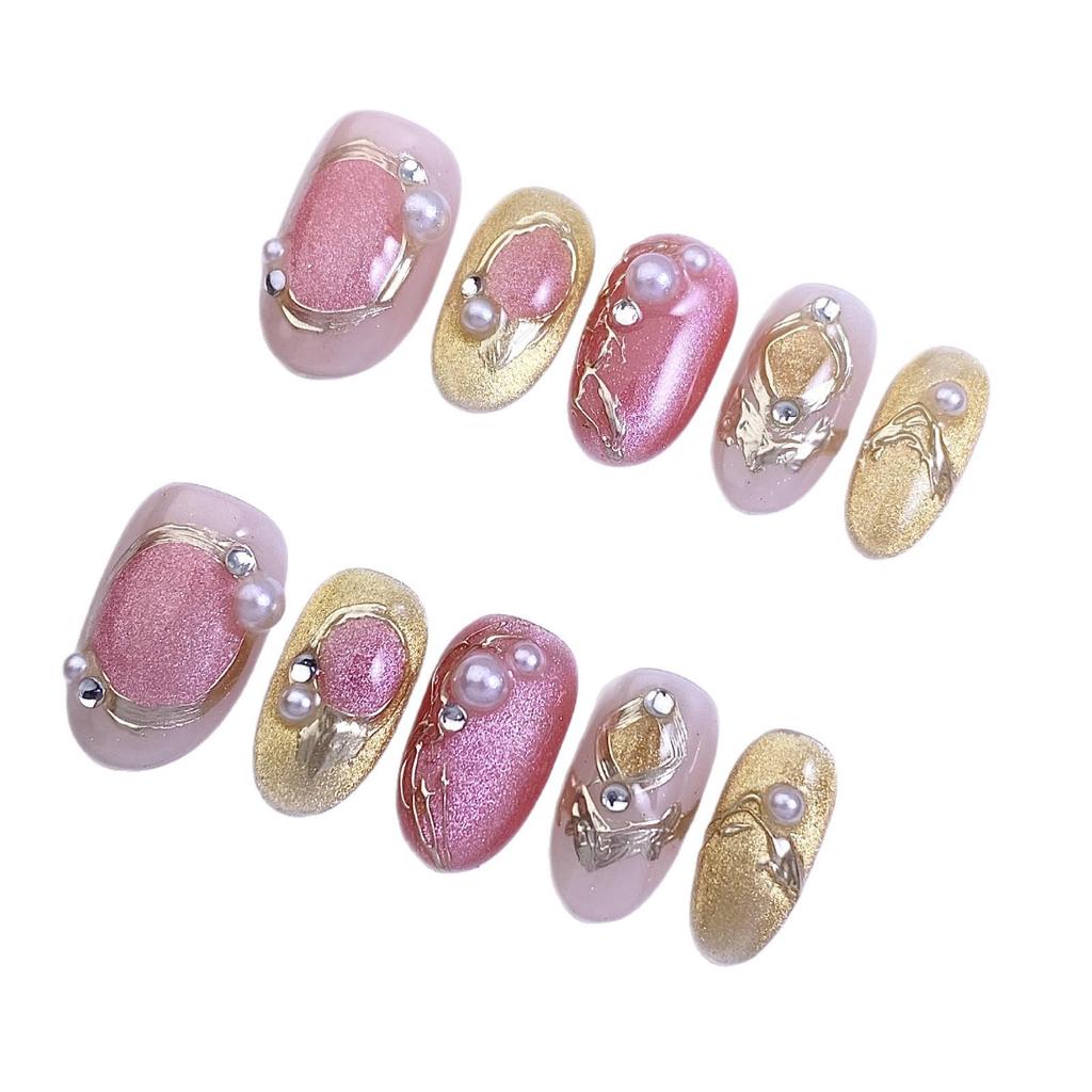 Gilded Pearl Gradient Magic Mirror Cat Eye Oval Nail Tips