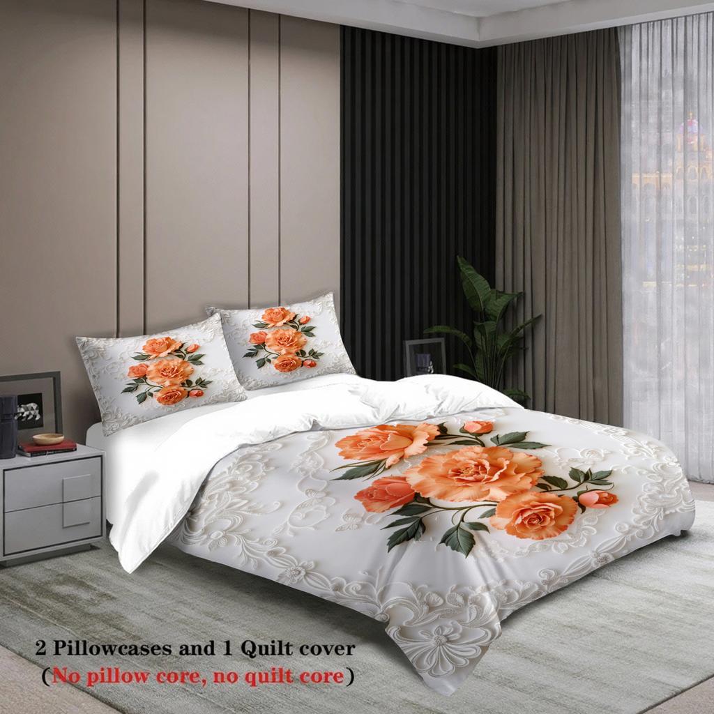 Floral Embroidered Bedding Set White Orange Rose Pattern Bedding With Duvet Cover Pillowcases For Bedroom